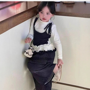 Girls Sweet Cool Style Set Autumn Lace Faux Two Piece Top Polka Dot Wide Leg Pants Cotton Children Outfits - Product Image 2