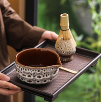 Bol à matcha en céramique bleu émaillé à texture bulle, avec bec verseur, accessoire pour ensemble de carafe Chawan
