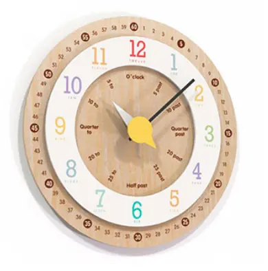 Educational Learning Clock for Kids Wooden Children's Teaching Clock Round Silent Multilayer Mdf Wood Wall Clock Custom