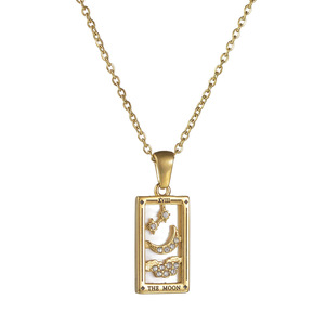 Collar de Joyería de Moda de Acero Inoxidable con Colgante Rectangular de Carta del Tarot Místico, Esmalte, Estrella, Sol, Luna, Símbolos, Chapado en Oro Rosa - Product Image 5