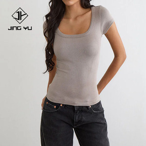 Diseño de fábrica de camisetas de rayón acanaladas personalizadas, de manga corta, cuello redondo, ajustadas y de estilo casual a la moda. - Product Image 4