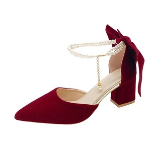 2026 New Style Red Wedding Shoes for Women Pointed Toe <b>Block</b> Heel Pumps with Bow & Pearl Comfortable All-Day Wear - Product Image 5