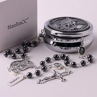 Collier chapelet en hématite noire et tungstène avec perles en pierre, Saint Michel Archange, avec boîte cadeau en métal pour homme