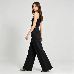 Jeans en denim brut personnalisés, coupe baggy, denim <span class=keywords><strong>noir</strong></span>, pour <span class=keywords><strong>femme</strong></span>, jambe large, style japonais, denim selvedge - Product Image 2