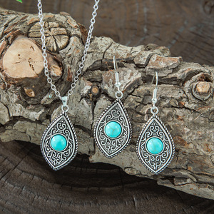 Ensemble de bijoux vintage en argent tibétain, collier et boucles d'oreilles en turquoise en forme de goutte d'eau pour femmes, mode de fête - Product Image 2