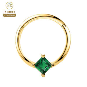 Anneaux clicker en or massif 14K, 16G (1,20 mm), 10-12 mm, pour cartilage externe, émeraude taille princesse, bijoux de piercing - Product Image 1