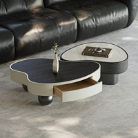 Ensemble de tables basses gigognes modernes avec plateau en pierre frittée travertin, table d'appoint en placage de bois noir avec tiroir
