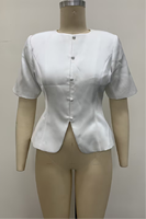 Jaket pendek wanita putih lengan pendek kerah mandarin kancing peplum model crop blazer