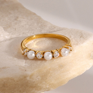 Elegant Pearl <b>Ring</b> 18k <b>Gold</b> Stainless Steel With Zircon Prong Setting Unisex Fashion Jewelry Gift - Product Image 3