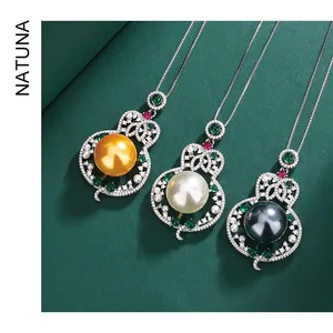 Natuna Vintage Jewelry Ruby Gourd Pearl Charm With Hollowed Emerald Crystal Zircon Pearl Pendant 925 Sterling Silver Necklace