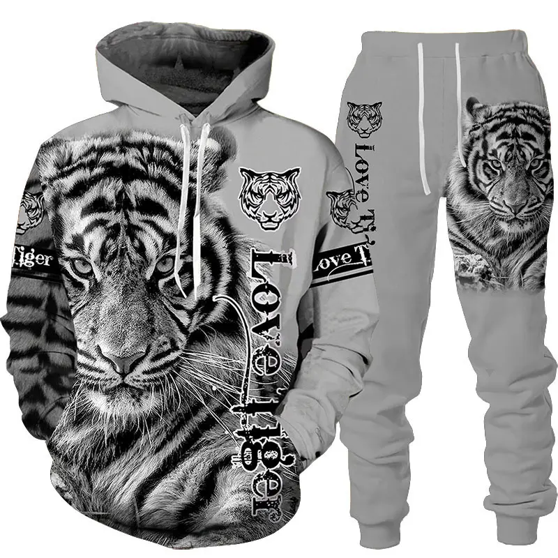 Fitspi Animal 3D Tiger Printed Hoodie Pants Suit Cool Men Women 2 Piece Sportswear Tracksuit Set Autumn Winter Men's Clothing