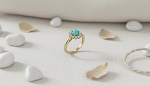 18K Gold Diamond Halo Turquoise <b>Ring</b> Elegant Fine Jewelry For Women Luxury <b>Statement</b> <b>Ring</b> Stylish Daily Wear - Product Image 3