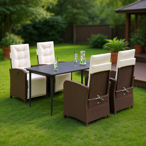 Set da Pranzo da Giardino in Rattan Bianco Crema e Marrone, 4 Posti, Resistente alle Intemperie, Arredamento da Esterno dal Design Contemporaneo - Product Image 2