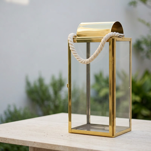 Luxury Home Tabletop & Floor Decorations <b>Gold</b> Metal Candle Holder <b>Lantern</b> with Rope Handle - Product Image 1