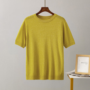 Camiseta de Punto Personalizada de Fábrica, Top de Manga Corta para Mujer, Cuello Redondo, Prenda de Punto Informal Básica de Verano para Mujer de Alta Calidad - Product Image 4