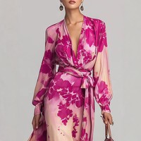 Robe longue élégante et chic en mousseline imprimée, style européen et américain, à manches longues, col en V, laçage et taille haute, nouvelle collection printemps