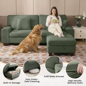 Divano Sezionale a L con Pouf Contenitore, Moderno Reclinabile in Ciniglia, Divanetto con Coperture Rimovibili e Cuscini a Molle Insacchettate - Product Image 3