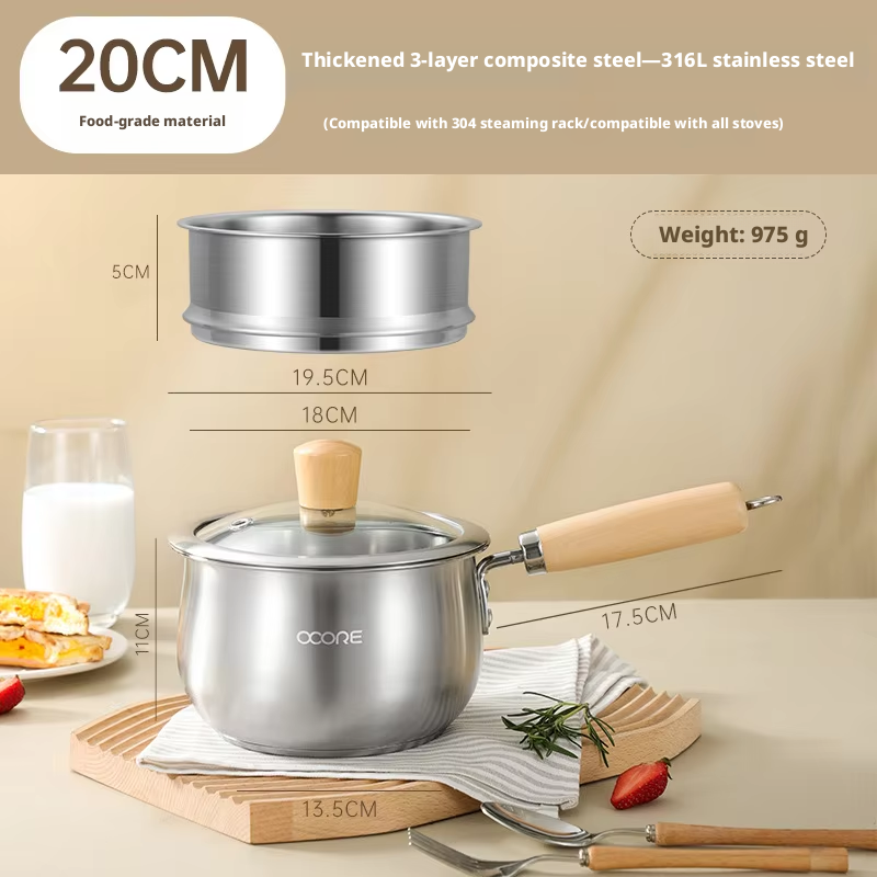 Pot à lait argenté de 20 cm avec grille de cuisson à la vapeur - véritable matériau 304