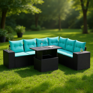 7 Piece Black Poly <b>Rattan</b> Garden <b>Sofa</b> Set with Cushions for Outdoor Use - Product Image 2