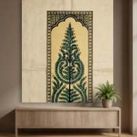 Peinture sur bois traditionnelle Pattachitra, motif feuille d'arbre de vie - Origine Orissa, décoration murale pour salon intérieur