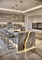 Meuble de cuisine préfabriqué gris laqué brillant avec finition UV et armoire complète entièrement ameublée pour villa à Karachi