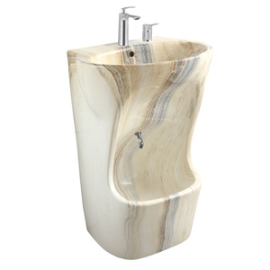 Lavabo Moderno Doppio per Bagno in Ceramica Bianca con Piedistallo e Top in Marmo Dorato, Lavabo Musulmano Wudu - Product Image 3