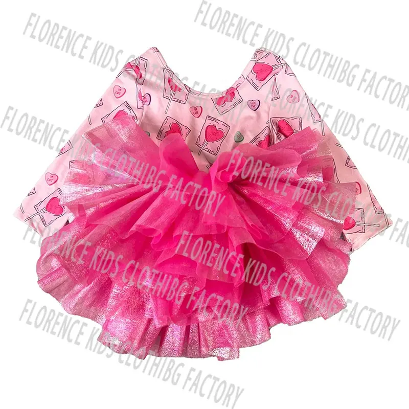 DH ODM Heart print custom bamboo fiber pink mesh girls tule romper tutu dress wholesale