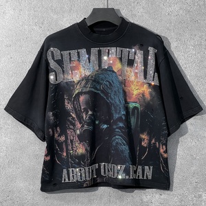 เสื้อยืดสตรีทแวร์ลายกราฟิกขาดๆ ประดับคริสตัลคุณภาพสูง หนักแน่น สไตล์วินเทจ พิมพ์ลายโอเวอร์ไซส์ ล้างสีแบบแอซิดวอช - Product Image 1