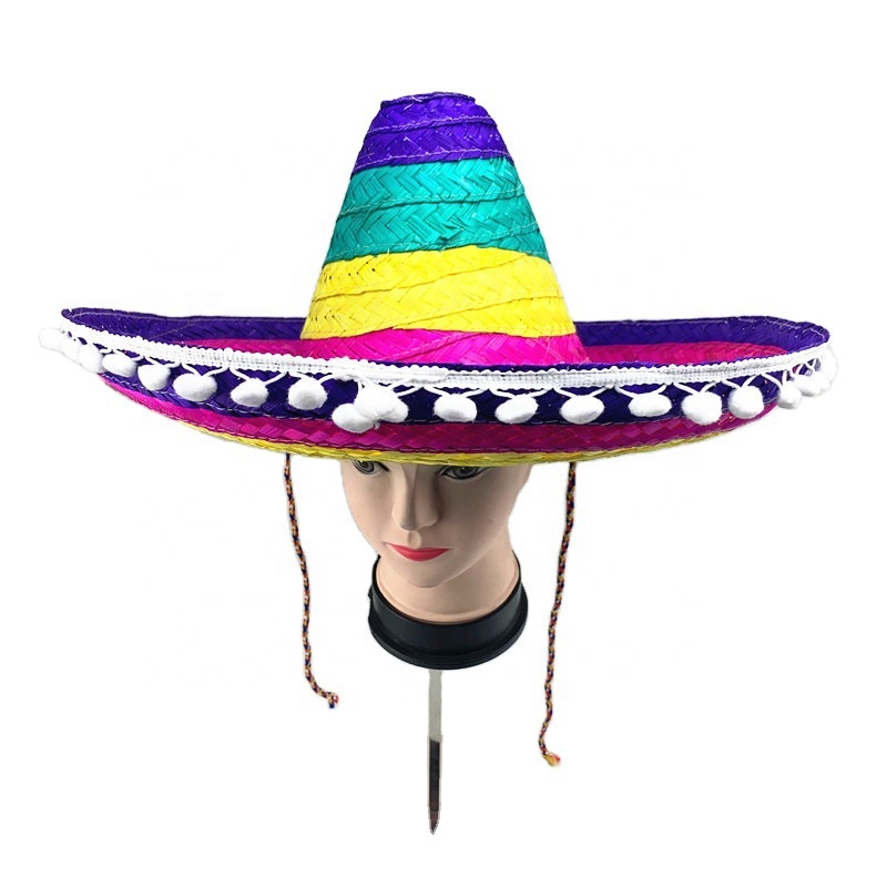 Мексиканская танцевальная соломенная шляпа Sombrero с широкими полями, праздничная шляпа с помпонами, соломенная шляпа