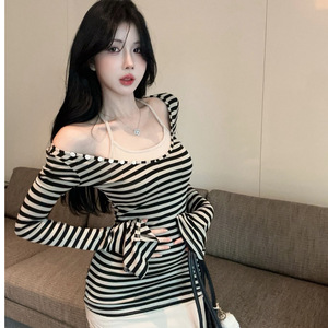 French Style Elegant Halter Striped Long Sleeve Top With Flared Sleeves Slim Fit Daily Wear Casual Dress - Product Image 1