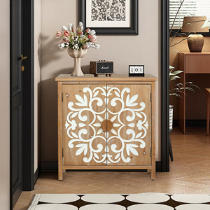 Rustic Wooden Accent Cabinet 2 Door Floral Carved Doors <b>Storage</b> Cabinet for Living Room Entryway Dining Room - Product Image 4