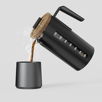 Cafetière à piston en acier inoxydable avec revêtement en verre borosilicate, 800 ml, couvercle en bois, pot filtrant pour le café et le thé