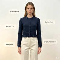 Clara – Haut tricoté pour femme, qualité supérieure, maille pointelle, bleu, personnalisable OEM, couleur unie, manches longues, boutons en corne