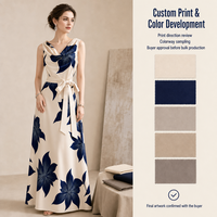 Robe sans manches personnalisée en crème avec imprimé floral marine |   Ceinture de taille |   Développement de vêtements en marque blanche OEM/ODM