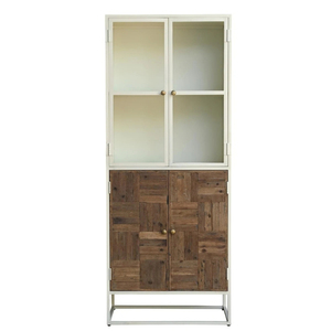 Meuble de rangement de style wagon moderne en bois, avec cadre en acier doux, finition bois naturel et revêtement métallique blanc - Product Image 1