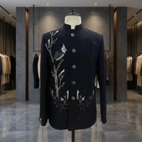 Veste Sherwani brodée d'oiseaux et de papillons noirs pour garçons et hommes, tenue de soirée formelle traditionnelle pour mariage