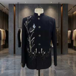 Black Bird and Butterfly Embroidered Sherwani Jacket for Men Traditional Wedding Bandhgala Formal Eveningwear - Product Image 3