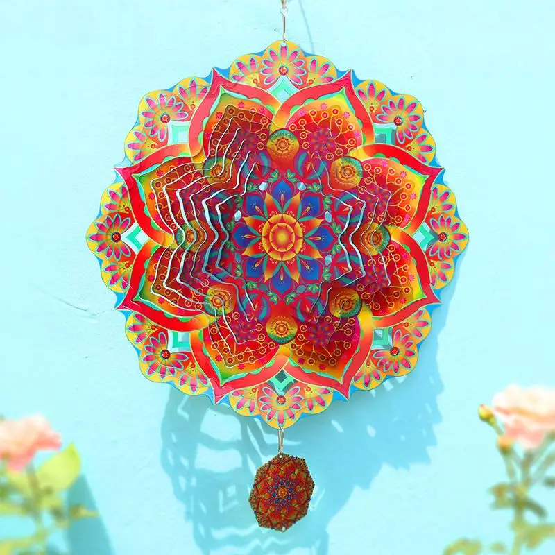 New Mandala Wind Spinner Stainless Steel Metal 3D Rotating Windchimes Art Garden Hanging Outdoor Decoration for Ornaments