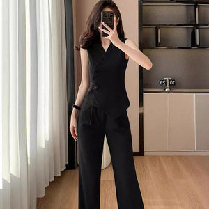 Women's Vest And Wide Leg Pants Suit Solid Color Polyester Satin Breathable Summer Fashion Set - Product Image 2