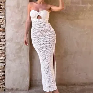 Women New Fashion Cut-out Tube Top Casual Dress Hollow Out Design Knit Stretch Wrap Hip Slit Summer Maxi Dress