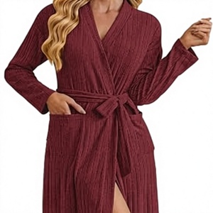 Women's Knitted Robe Solid Color Long Sleeve V-Neck Belted <b>Wrap</b> Dress Pockets Machine Washable Hypoallergenic Microfiber - Product Image 1