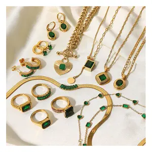 Green Zircon Series Necklace Earrings Bracelets Ring Elegance Women's Fashion Retro Style Stainless Steel Jewelry