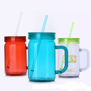 Custom Logo Colorful 16oz 17oz clear Plastic Double Wall Mason <b>Jug</b> Jar with Lid and Handle - Product Image 4