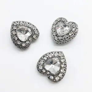 Heart shape twinkling glass crystal rhinestone diamond shank metal button with antique effect for suit or coat