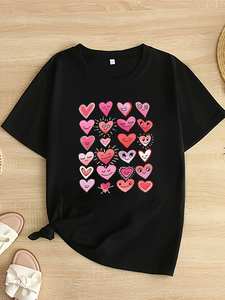 Women's Plus Size Black T-Shirt Short Sleeve Crew Neck Soft Jersey <b>Print</b> <b>Heart</b> Graphic Casual All-Season <b>Top</b> - Product Image 3