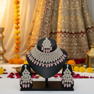 <b>Silver</b> Plated Brass Zircon Bridal Jewelry <b>Set</b> Choker <b>Necklace</b> Drop Earrings Tikka High Quality Engagement Wedding Gift Ethnic - Product Image 3