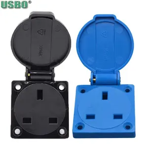 Britain Black Blue 13A UK Multifunction 2P+E Outdoor Industry Waterproof AC Power Outlet Wired Receptacle Socket 250V IP44