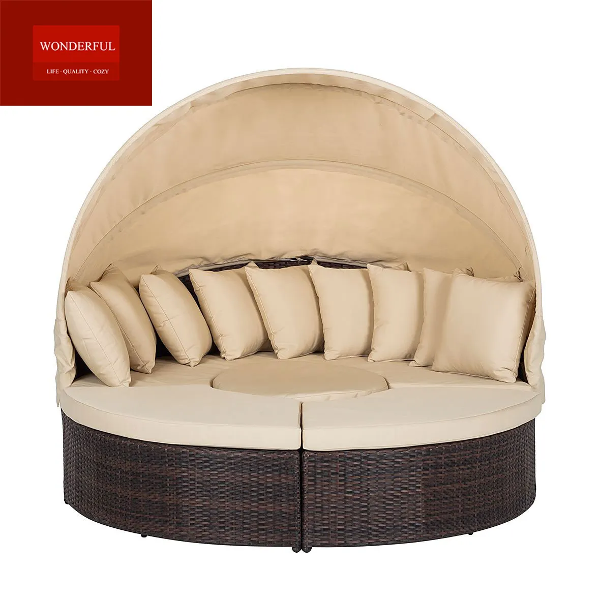 आउटडोर नई शैली गोल आकार लाउंज कुर्सी के साथ पीई रतन समुद्र तट दिन बिस्तर चंदवा के लिए समुद्र तट