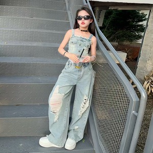 Nouvelle mode 2 pièces ensembles de vêtements pour filles gilet en denim solide sans manches + pantalon en jean déchiré pour les tenues d'été et d'hiver pour les adolescentes - Product Image 4
