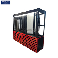 Étagère coulissante murale moderne en acier avec éclairage LED, finition thermolaquée, pour présentoir de carreaux en showroom
